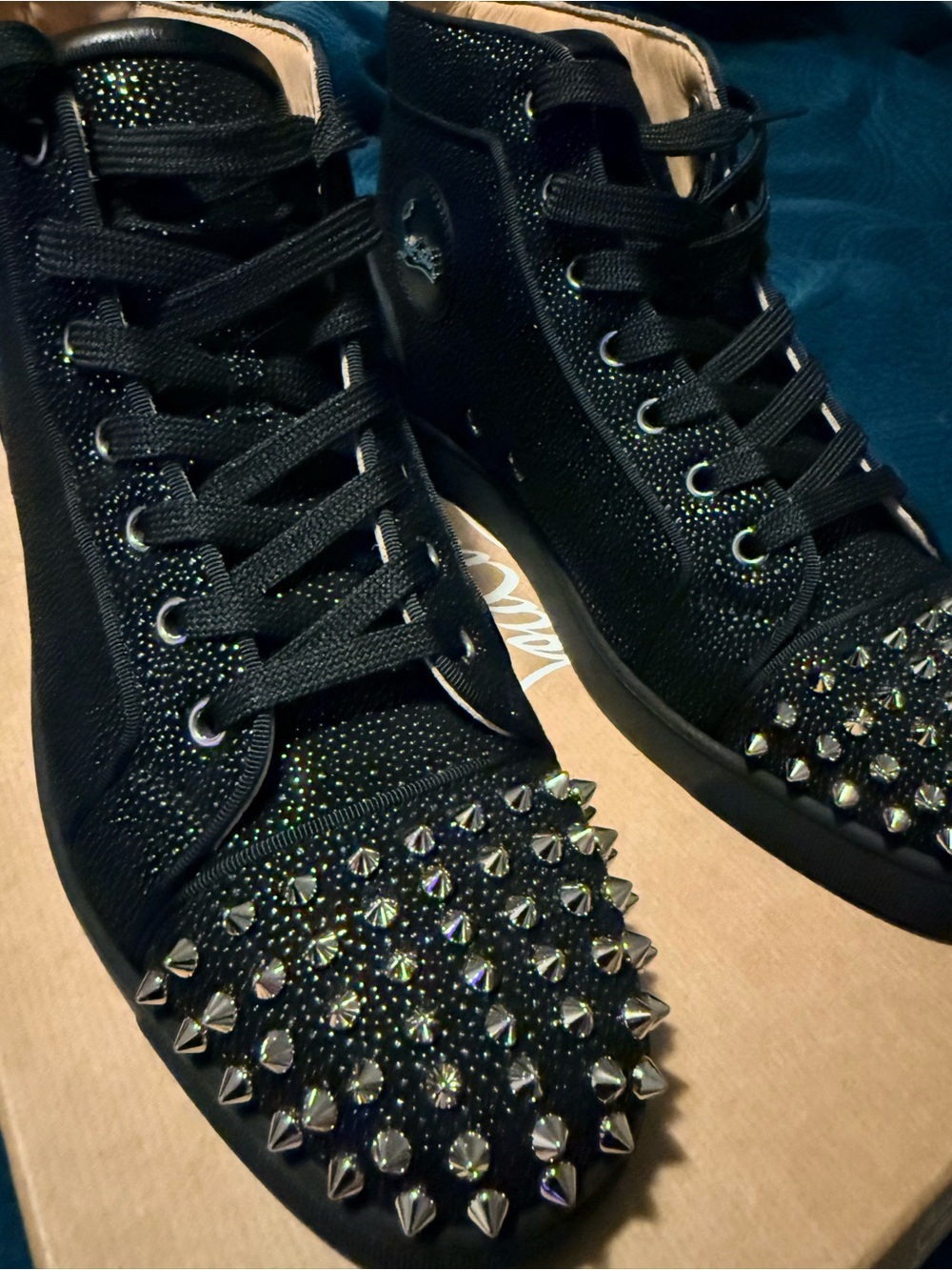 Christian Louboutin Black Studded High-Top Sneakers with Iridescent Accents
